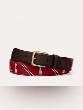 Polo by Ralph Lauren Red Striped Embroidered Leather-Trim Belt Sz 42